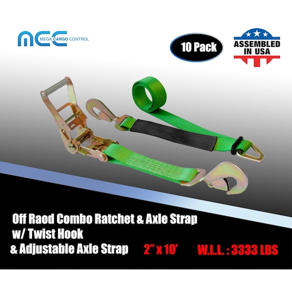 Axle Ratchet Tie Down Strap w/ Snap Hook Race Car Hauler Trailer Flatbed, 10PK